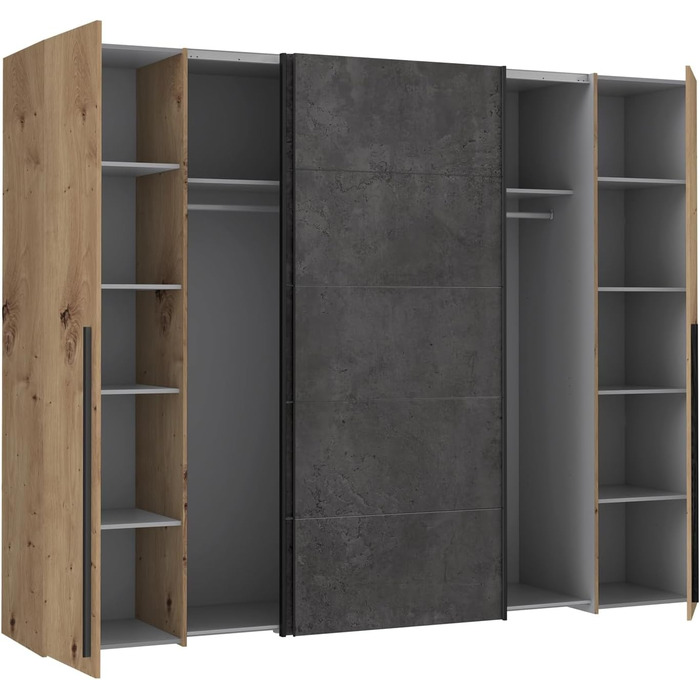 Шафа Forte Narago 270, шафа з розсувними дверима та дверцятами на петлях, дерев&39яний декор Artisan Oak у поєднанні з сірим кольором, 270,3 см завширшки x 210,5 см заввишки x 61,2 см завглибшки. Імітація дуба Artisan та темного бетону 270 x 210. Без дзер