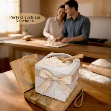 Герметичний контейнер для зберігання борошна 1 кг - Керамічний контейнер для борошна, включаючи бамбукову мірну ложку - Бамбукова кришка для тривалого зберігання - Квадратний та компактний, що штабелюється, колір борошна білий