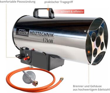 Газовий вентилятор-обігрівач Gde 85006 GGH 17 INOX (17 кВт, пальник з нержавіючої сталі, корпус з нержавіючої сталі, шланг 1,5 м, редуктор тиску)