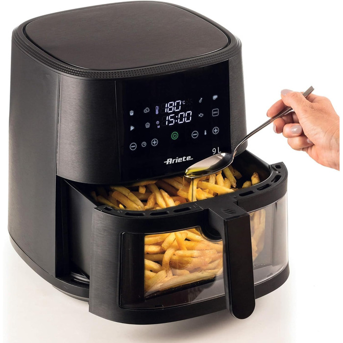 Аерофритюрниця Ariete 4630, 9 л, 1500 Вт, 8 програм, функція гриля, до 3,5 кг продуктів, температура до 200 C, прозорий кошик, чорна