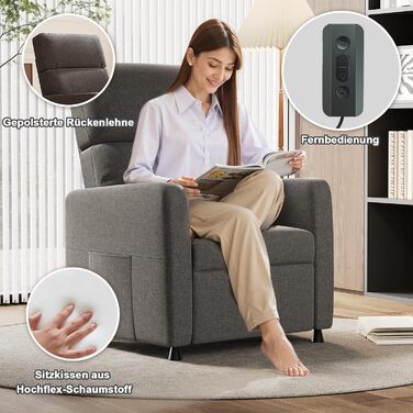 Крісло-реклайнер Devoko, крісло для телевізора з функцією відкидання, одномісне крісло-реклайнер, електричне крісло-реклайнер для вітальні, спальні, сірого кольору