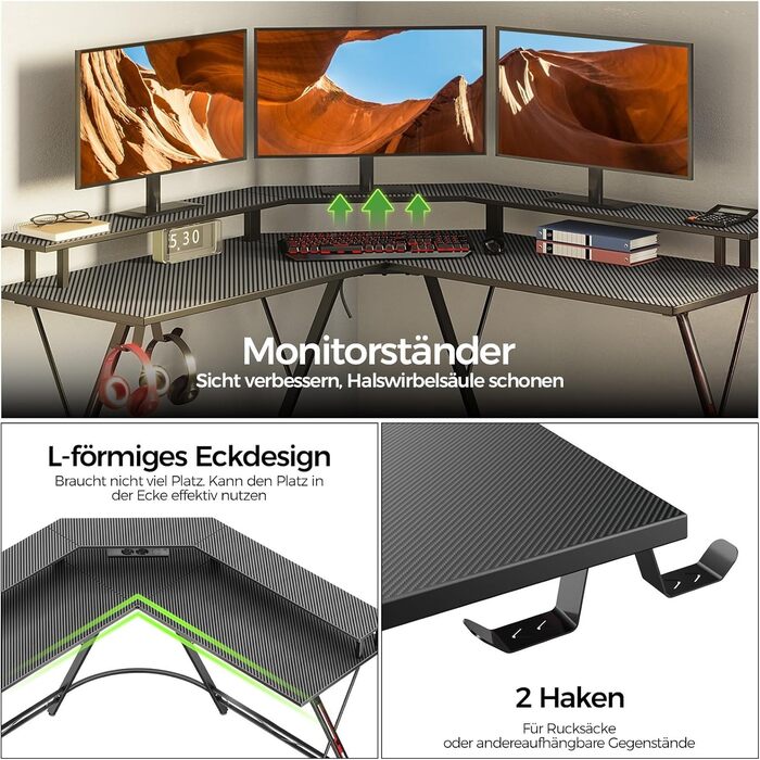 Ігровий стіл SEVEN WARRIOR L-подібної форми, ігровий стіл з розеткою, світлодіодне освітлення, підставка для монітора та 2 гачки, кутовий стіл з карбоновою поверхнею, комп&39ютерний стіл для спальні (127 x 127 см) 127 см