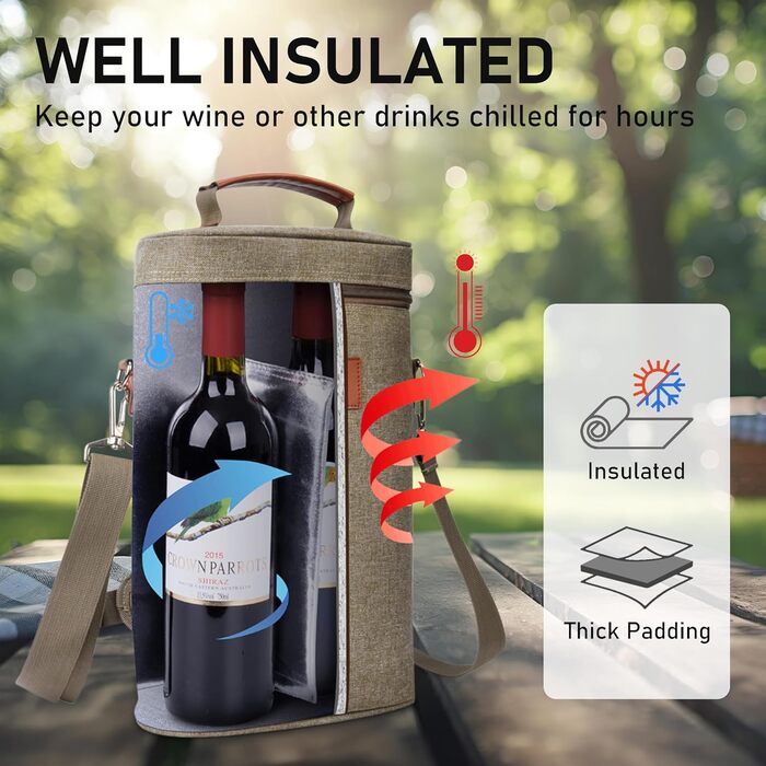 Сумка для пляшок Kato на 1 пляшку, сумка-холодильник для вина, пива та напоїв, сумка для перенесення на вулиці з роздільником, ручкою, плечовим ременем, штопором безкоштовно, сумка-холодильник для 2 пляшок - сіра