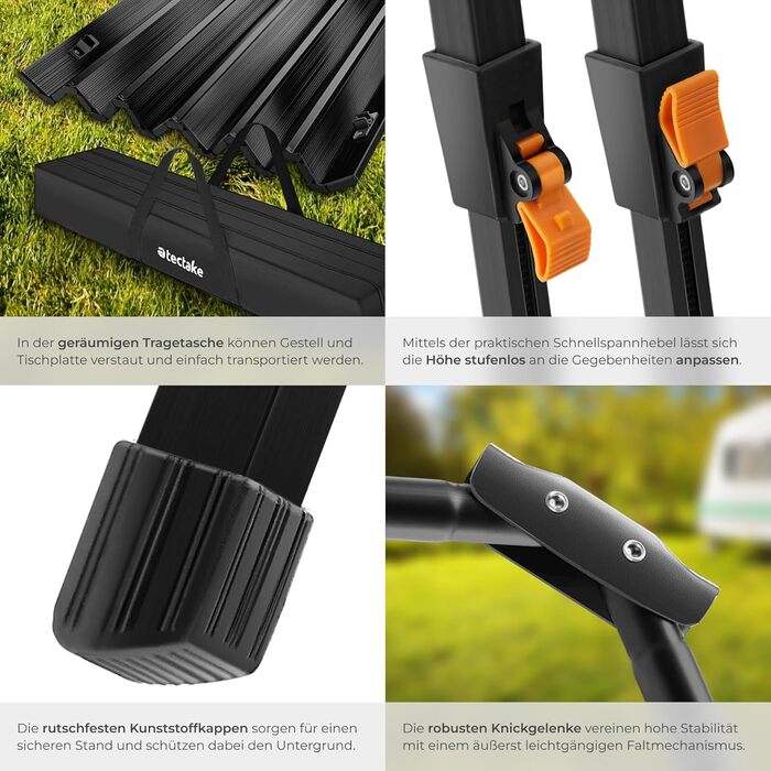 Стіл для кемпінгу tectake, розкладний стіл з алюмінію, стільниця XXL, що згортається, розкладний кемпінговий стіл, дорожній стіл, садовий стіл, водонепроникний, регульовані по висоті ніжки, сумка для перенесення, 120 x 70,5 см - чорний