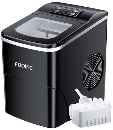 Машина для виробництва кубиків льоду FOOING Льодогенератор Кубик льоду готовий за 6 хвилин 2-літровий льодогенератор з лопатою для льоду та кошиком Світлодіодний дисплей Машини для кубиків льоду для домашнього бару Black