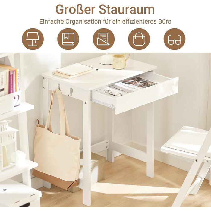 Компактний комп&39ютерний стіл SoBuy з 1 шухлядою та 2 гачками, невеликий столик для домашнього офісу, робочий стіл, меблі для ПК, для навчання, білий колір, 60x77x40 см, FWT43-W