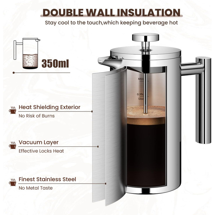 Кавоварка з нержавіючої сталі френч-прес Velaze, кавоварка 350 мл на 2-3 чашки, французький кавоварський прес з подвійними стінками, елегантний дизайн, кавник з 5 фільтрами з нержавіючої сталі та 1 ложкою 350 мл