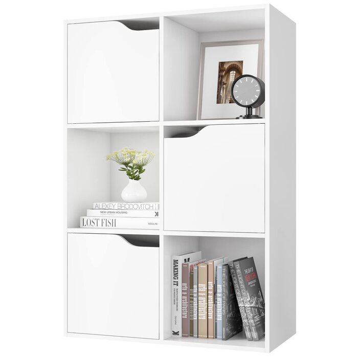Книжкова полиця FirFurd, біла полиця, книжкова шафа з 3 дверцятами, полиця для зберігання з 6 відділеннями, офісна полиця для вітальні, кабінету, дитячої кімнати, 60 x 29 x 90 см