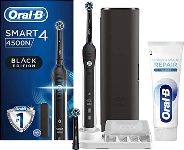 Акумуляторна електрична зубна щітка Oral-B SMART 4 4500 CrossAction, чорна, 2 насадки для щітки, дорожній кейс зубна паста Oral-B Gums & Classic Repair Nail Polish. 1 зубна щітка, 1 зубна паста