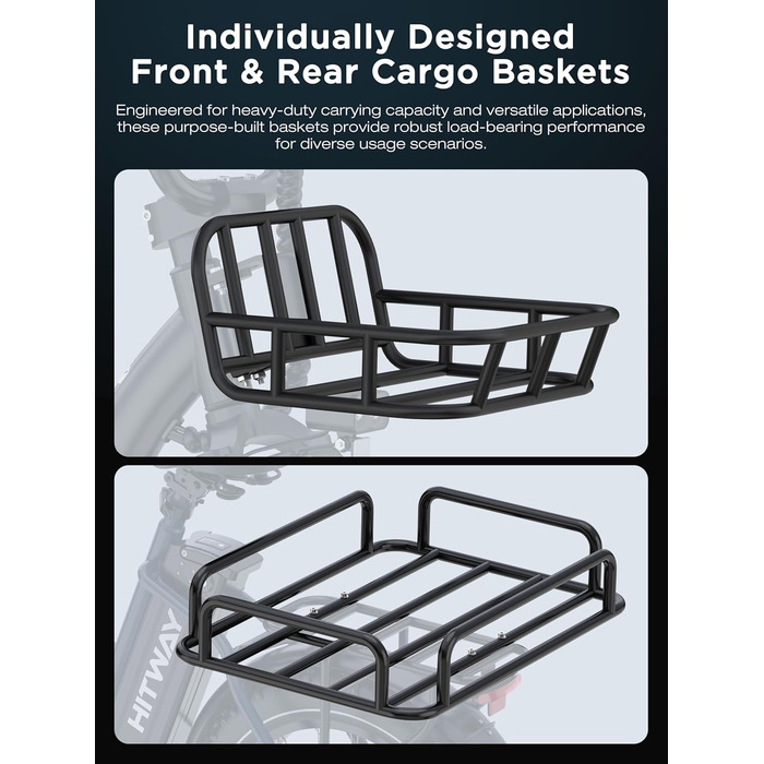 Електровелосипед HITWAY BK6S Plus з акумулятором 48 В 25 Аг та запасом ходу 90-200 км, міський електровелосипед з 20-дюймовими товстими шинами та подвійним кошиком для багажу, двигуном 250 Вт, 25 км/год, 7 швидкостей, чорний