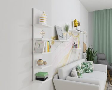 Настінна полиця MARAND, підвісна, 80 см Книжкова полиця з 5 полицями з ламінату матово-білого кольору, сучасна дизайнерська підвісна полиця для вітальні, офісу, коридору або кухні, легке складання, 5 полиць, матово-білий колір