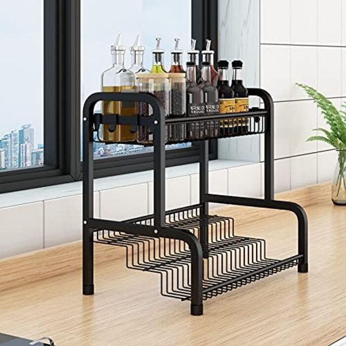 Підставка для спецій з нержавіючої сталі, не потребує свердління, органайзер з 8 гачками для пляшок зі спеціями, банок, пляшок з олією, коморне зберігання (2 рівні)