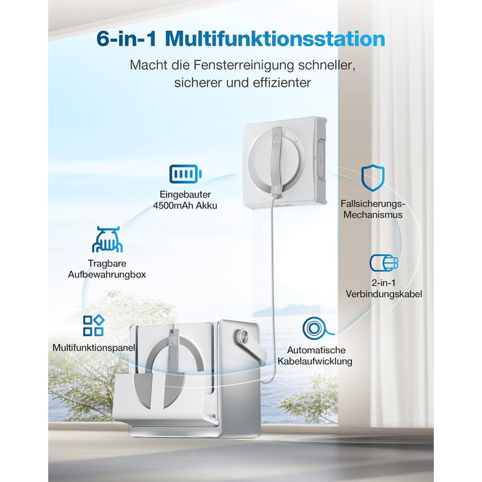 Робот для миття вікон з багатофункціональною станцією 6 в 1, вбудованим акумулятором 4500 мАг, режимом очищення країв, технологією