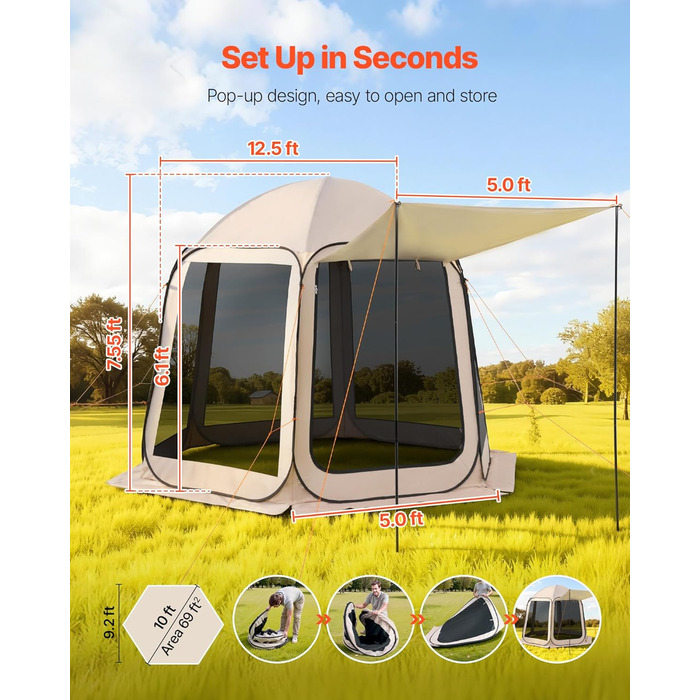 Намет-будинок VEVOR, 3 x 2,8 м, 4-8 осіб, розкладний намет для забезпечення приватності, портативний, екранований, з сумкою для перенесення, сітчастими бортами, кілками для землі, для саду, патіо, заднього двору, активного відпочинку на свіжому повітрі, б