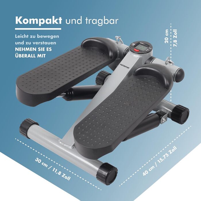 Міні-степер PORTENTUM для домашнього використання з еспандерами та РК-дисплеєм, 5 функцій Stairmaster 3-в-1 для ніг та рук Регульована інтенсивність Фітнес-пристрій для сходів, компактно зберігається