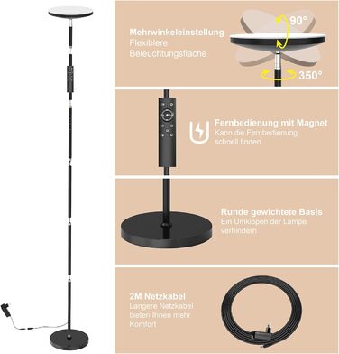 Антен 30 Вт стельовий прожектор LED з можливістю затемнення чорний, 3330 лм торшер світлодіодний з пультом дистанційного керування та сенсорним керуванням, торшер вітальня з 4 колірною температурою, таймер 1H, сучасні торшери для спальні, офіс 30w стельов