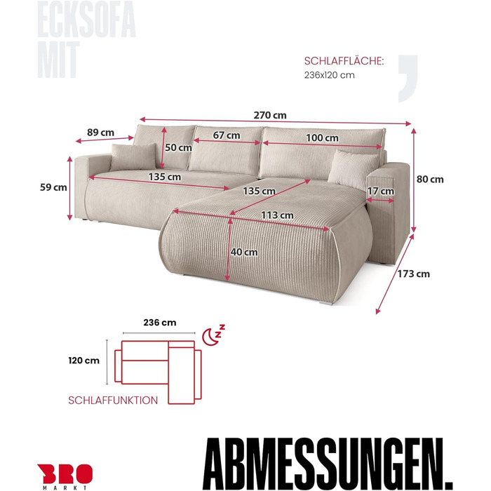 Диван з функцією сну, диван L, засіб для чищення оббивки, диван-ліжко з місцем для зберігання, розкладний диван для вітальні, окремостоячий диван, диван Havana Relax, 3-місний, 270x173x80 см, сірий
