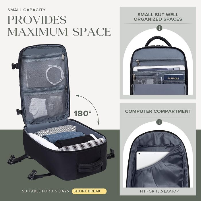 Рюкзак Hayayu Ryanair Hand Luggage 40x30x20, малий, для подорожей у літаку, з відділенням для ноутбука, сумка-протиугінна сумка для коротких поїздок на вихідні, чорний, 45 x 36 x 20 см