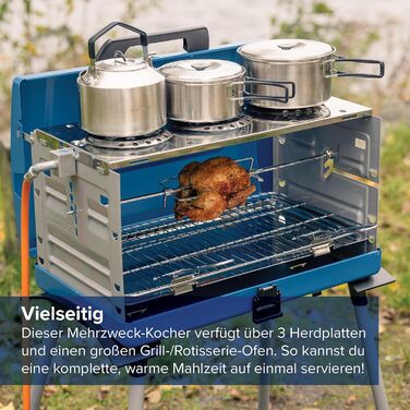 Газовий кемпінговий гриль зі знімними ніжками, портативний гриль та 3-конфорочна плита в одній валізі-гриль, включаючи вертел, 5200 Вт, 72,5 x 54 x 108 см, 200 SGR