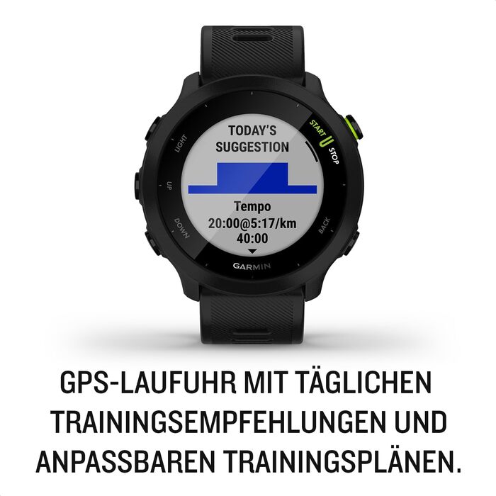 Біговий GPS-годинник із 1,04-дюймовим кольоровим дисплеєм, щоденними рекомендаціями щодо тренувань, прогнозом часу пробігу, спортивними додатками, чорним кольором та часом роботи від акумулятора до 14 днів. Чорний, одинарний., 55