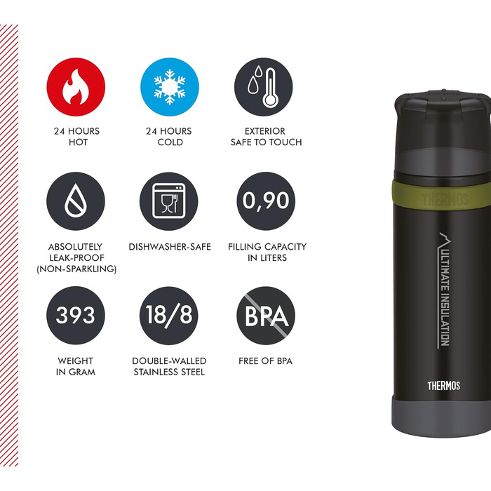 ТЕРМОС ДЛЯ НАПОЇВ THERMOS MOUNTAIN 0.9 л, чорний, термос з нержавіючої сталі з чашкою для пиття, зберігає напої гарячими/холодними протягом 24 годин, легка пляшка для активного відпочинку, міцна, знімна кришка, без BPA, 900 мл
