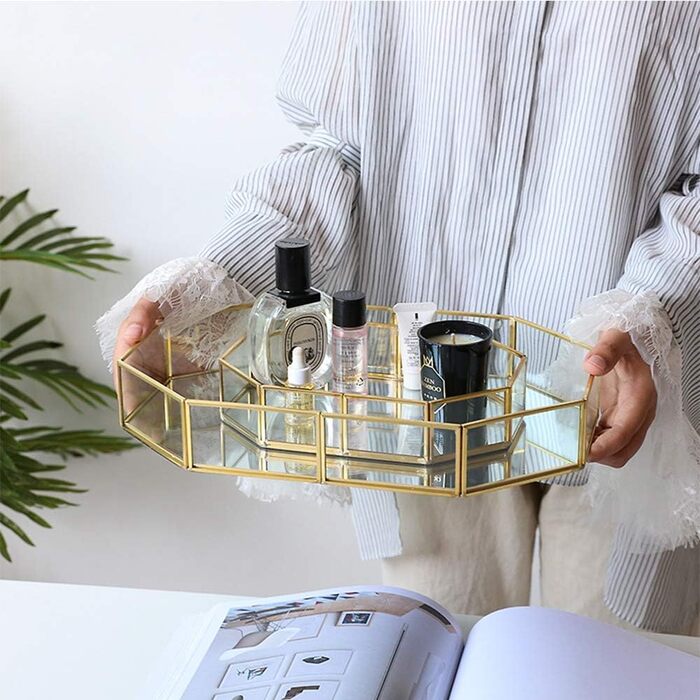 Скляний піднос Hggzeg золотистого кольору, багатокутний металевий, декоративний піднос, піднос для ювелірних виробів, парфумів, органайзер, піднос для макіяжу для туалетного столика, комода, ванної кімнати, спальні (маленький)