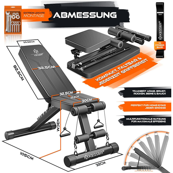 Складана силова лава KESSER, багатофункціональна тренувальна лава зі спинкою, вантажопідйомність 500 кг Регульована лава, фітнес-обладнання для жиму лежачи Тренування всього тіла, похила лава для фітнесу та тренувань, чорний/антрацит