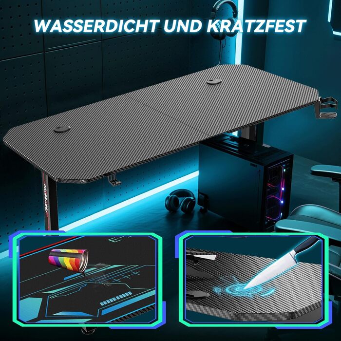 Ігровий стіл Himimi 160x75 см, ергономічний комп&39ютерний стіл з килимком для миші на всю поверхню, вуглецеве покриття, підставка для склянок, гачок для навушників та ігрова рама-ручка, міцна Т-подібна конструкція 160 x 75 x 75 см