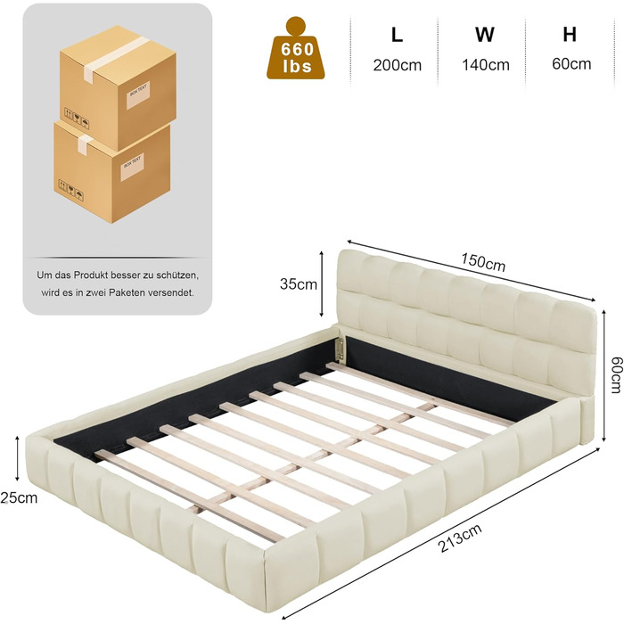 Ліжко DULLLLY Bubble 140x200, Ліжко 140x200 з рейковою основою, Дитяче ліжко з м&39яким узголів&39ям, М&39який каркас ліжка для спальні та гостьової кімнати, без матраца, Льняна тканина (бежевий) 140x200 білий