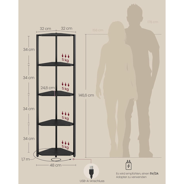 Кутова полиця VASAGLE з 5 полицями, книжкова полиця з регульованим світлодіодним освітленням, сталевий каркас, 24,8 x 48 x 146,6 см, для вітальні, спальні, кабінету, чорний колір Ebony LBC590B02