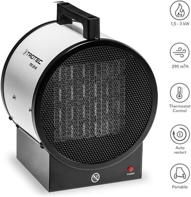 Електричний будівельний обігрівач TROTEC TDS 20 M теплова потужність 1,5 кВт / 3 кВт об&39єм повітря електричного обігрівача 290 м/год вентилятор-обігрівач з термостатом, керамічний
