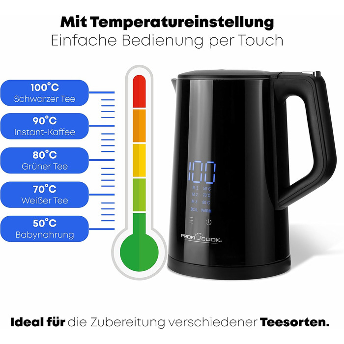 Чайник ProfiCook з налаштуванням температури 1,7 л Вибір температури 50-100C Відображення цільової та фактичної температури Функція збереження тепла Не містить бісфенолу А Чайник з регулюванням температури ПК WKS 1243
