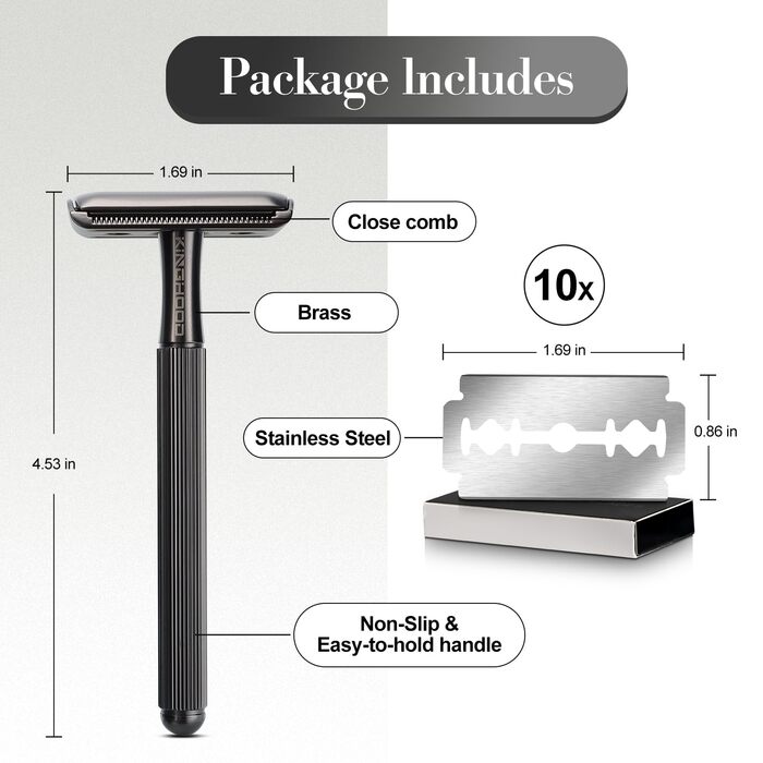 Безпечна бритва для чоловіків, бритва з одним лезом з металевою ручкою і 10 двосічними лезами бритви Black