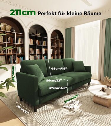 Місний диван 211 см, Зручні 3-місні дивани, Диван-канапа з флісу Тедді, Дивани для вітальні, що збираються без інструментів, 3-місний диван з масиву дерева, Невеликий диван з 2 подушками в комплекті, Зелений 211 см, 3-