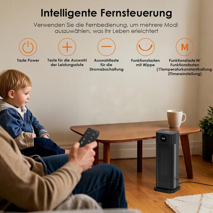 Енергозберігаючий вентилятор-обігрівач Minthouz, керамічний вентилятор-обігрівач потужністю 2000 Вт з PTC, електричний обігрівач з 3 режимами та термостатом, пульт дистанційного керування, цифровий світлодіодний дисплей, 12-годинний таймер, коливання 70, 