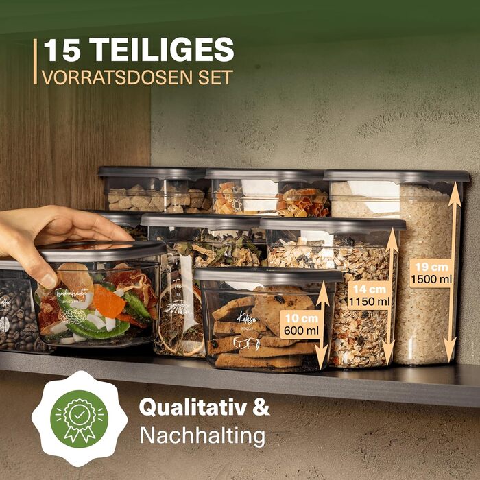 Герметичні контейнери для зберігання з кришками Набір контейнерів для зберігання з 15 предметів Без бісфенолу А Для зберігання пластівців, борошна та цукру Практична кухонна коробка для зберігання всіх продуктів Peggy15