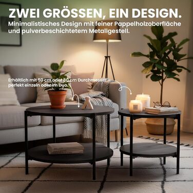 Круглий дерев&39яний журнальний столик CLP Edduma, диванний столик з 2 полицями та місцем для зберігання, невеликий бічний столик з чорним металевим каркасом, колір сірий, розмір Ø 80 см Ø 80 см сірий