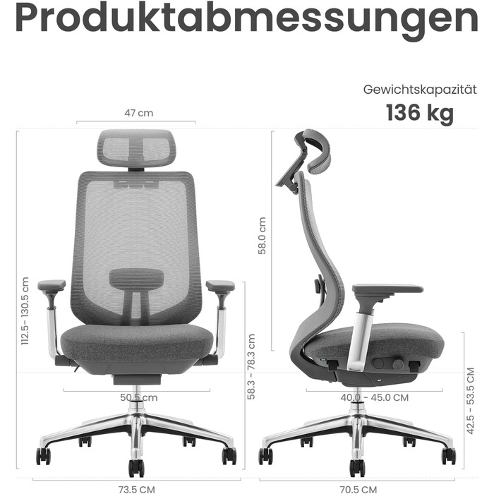 Ергономічне офісне крісло COLAMY XK Atlas, сітчасте крісло керівника з регульованим підголівником, комп&39ютерне крісло, поворотне крісло з 4D підлокітниками, алюмінієва основа/розсувне сидіння/фіксатор нахилу, темно-сірий колір