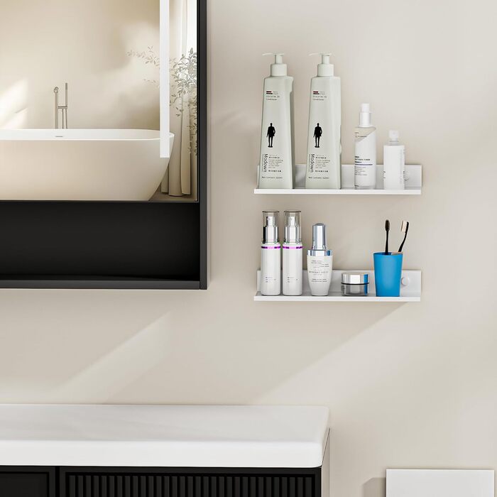 Біла настінна полиця, не потребує свердління, комплект з 2 шт. , сучасна металева плаваюча полиця, настінна полиця для ванної кімнати, декоративна клейка настінна полиця для вітальні, спальні, їдальні, офісу, біла 30 см, 30