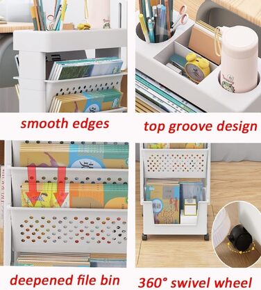 Мобільна книжкова полиця для класу біля столу, 5-ярусний візок на колесах, органайзер для столу, підставка для книг та журналів, вузький візок для зберігання речей у домашній бібліотеці