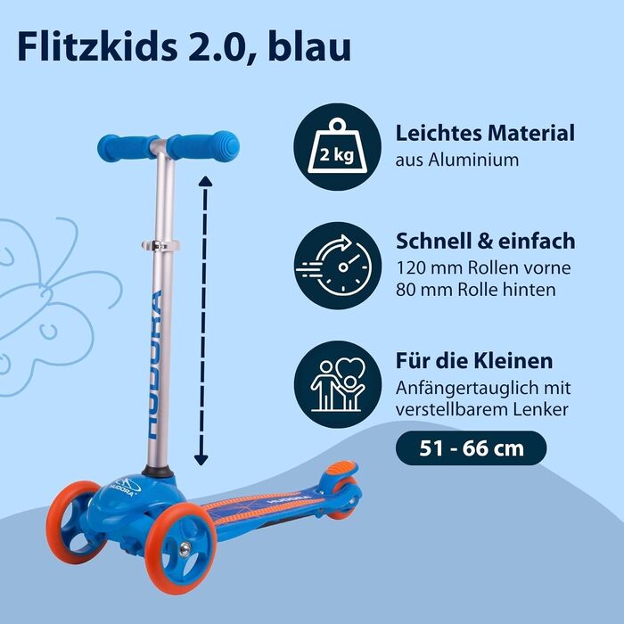 Дитячий триколісний самокат HUDORA Flitzkids 2.0 міцний, з широкою платформою та регулюванням висоти, до 50 кг, алюміній, синій