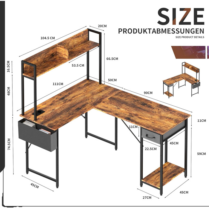 Г-подібний стіл Yansee, ігровий стіл зі світлодіодним підсвічуванням, 140110 см, двосторонній Г-подібний стіл з подовжувачем, кутовий стіл з полицею, коричневий