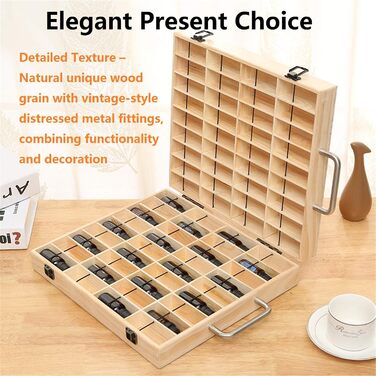 Рівневий органайзер для ефірних олій з масиву дерева з 72 відділеннями та ремінцем - коробка для зберігання з шухлядою, підставка для флаконів об&39ємом 5-15 мл, ароматичних олій, лаку для нігтів, косметики, губної помади, дерев&39яний, 72 відділення, 2-