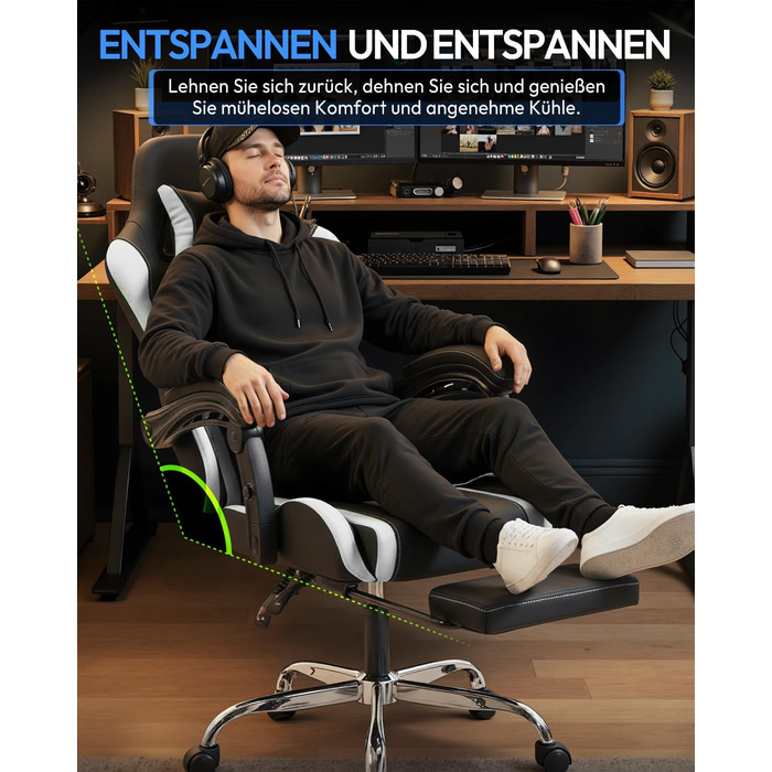 Ігрове крісло Dowinx, офісне крісло, масажне ігрове крісло з регульованими по висоті підлокітниками, ергономічне ігрове крісло з підставкою для ніг, м&39яке ігрове крісло, нахил спинки 150, до 180 кг, білий колір