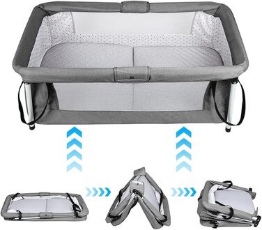Дитяче ліжечко Homewell Baby Travel Cot, складне дитяче ліжечко з матрацом, портативний намет-ліжечко, оснащений москітною сіткою та іграшками, 90 x 50 см (у зібраному вигляді) / 45 x 50 см (складене) (сірий)