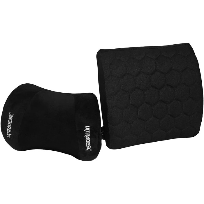 Офісне крісло, стілець для роботи, поперекова підтримка, 2 подушки з піни з ефектом пам&39яті, обертове крісло, підлокітники, регулювання висоти за допомогою газової пружини, ролики з фіксацією, металевий каркас, наповнювач з піни, чорний