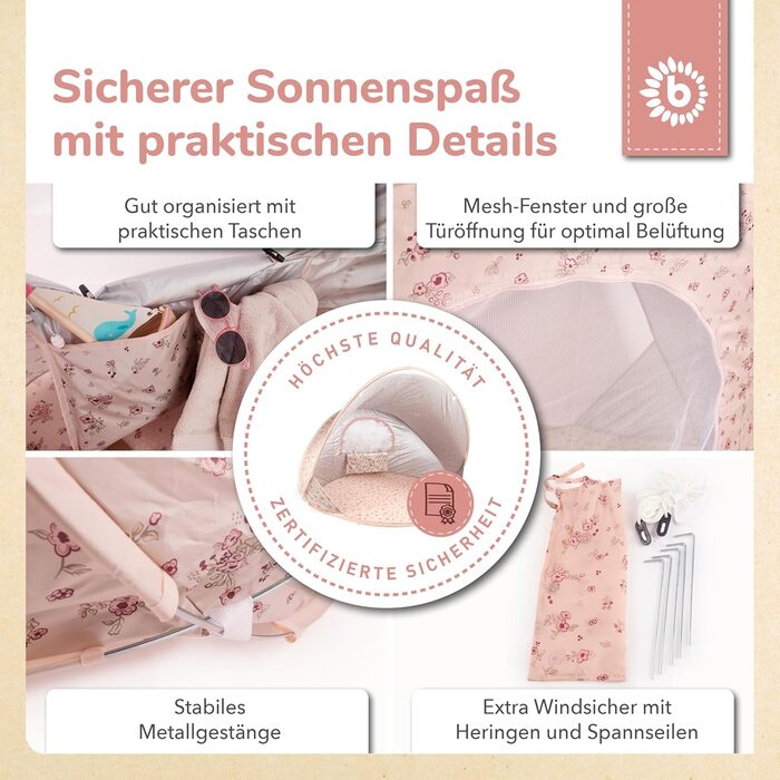 Розкладний пляжний намет Bieco Ella &quotМрійливі квіти&quot Захист від ультрафіолету 40 Розкладний пляжний намет для немовлят, пляжні аксесуари, захист від сонця, пляжний намет, дорожній захист від сонця, пляжний намет