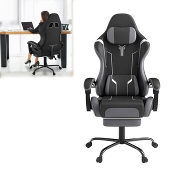Ігрове крісло Froadp з масажем, підставкою для ніг та підголівником, ергономічне ігрове крісло з масажною поперековою подушкою, регульована спинка 90-135, шкіра штучна - чорний, сірий та білий