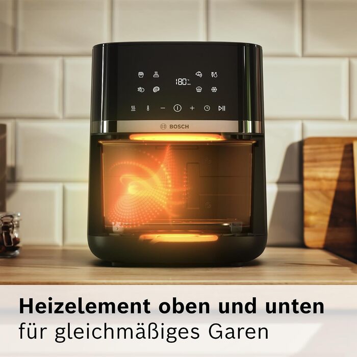 Аерофритюрниця Bosch Serie 4 XL, чорна, об'єм 6,1 л, 7 попередніх налаштувань, функції розморожування та підігріву, сенсорний екран, прискорене приготування до 60, MAF462B0