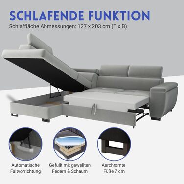 Кутовий диван з функцією сну та відділенням для зберігання речей Nicole 270x202x96 см (ШxГxВ) L-подібний диван з регульованими підголівниками Кутовий диван з функцією сну Пружинна основа Диван сірий лівий, шезлонг лівий сірий